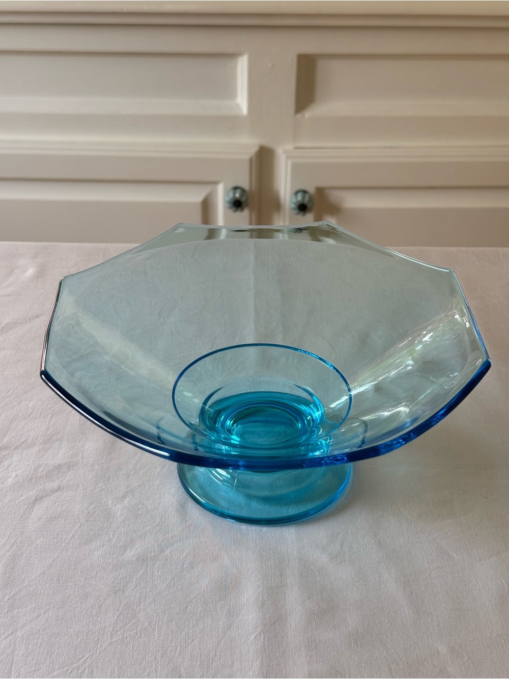 🩵 Aqua Blue Vintage Glass Octagonal Pedestal Bowl Footed Compote | Art Deco